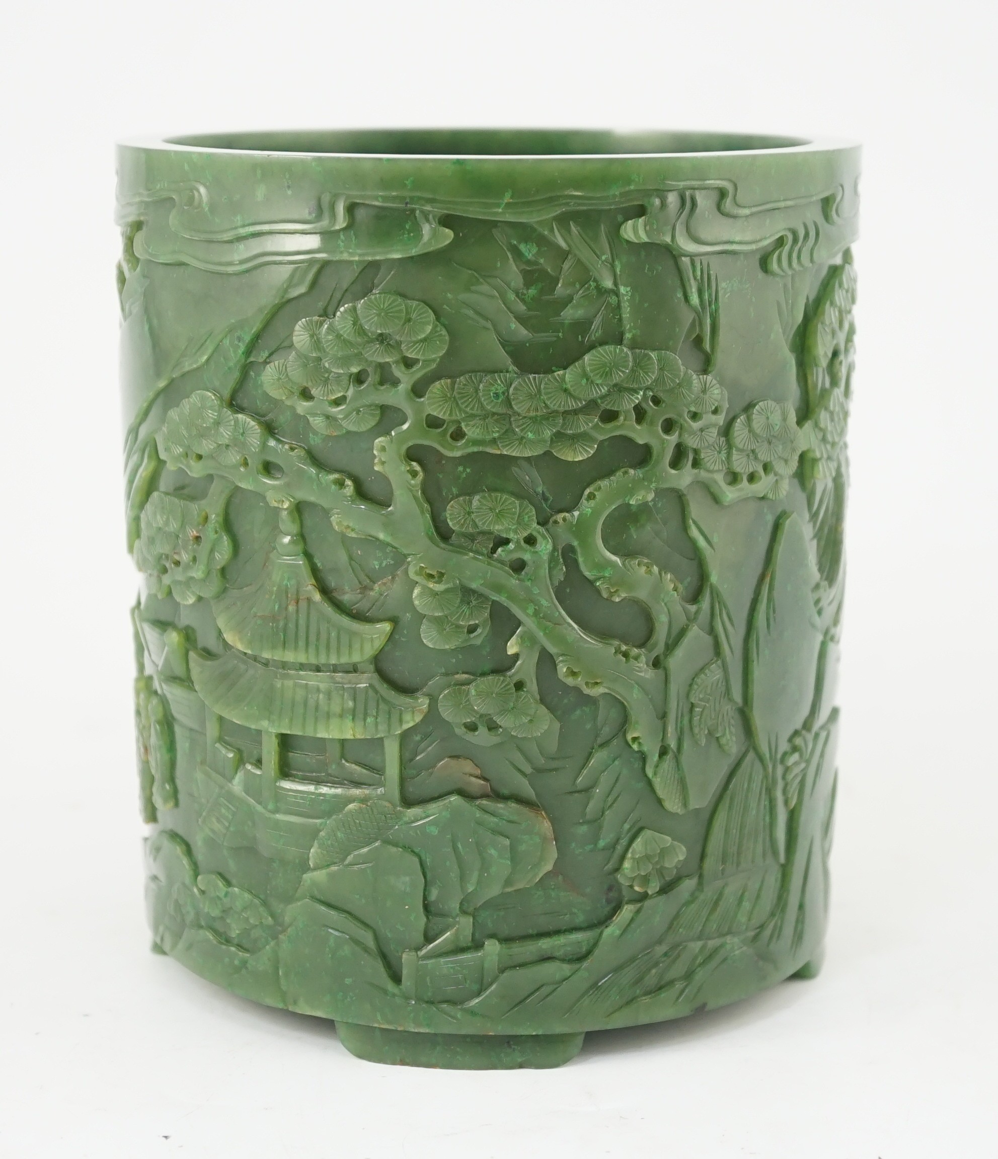 A large Chinese spinach green jade brushpot, bitong, 16.8cm high, 14.9cm diameter